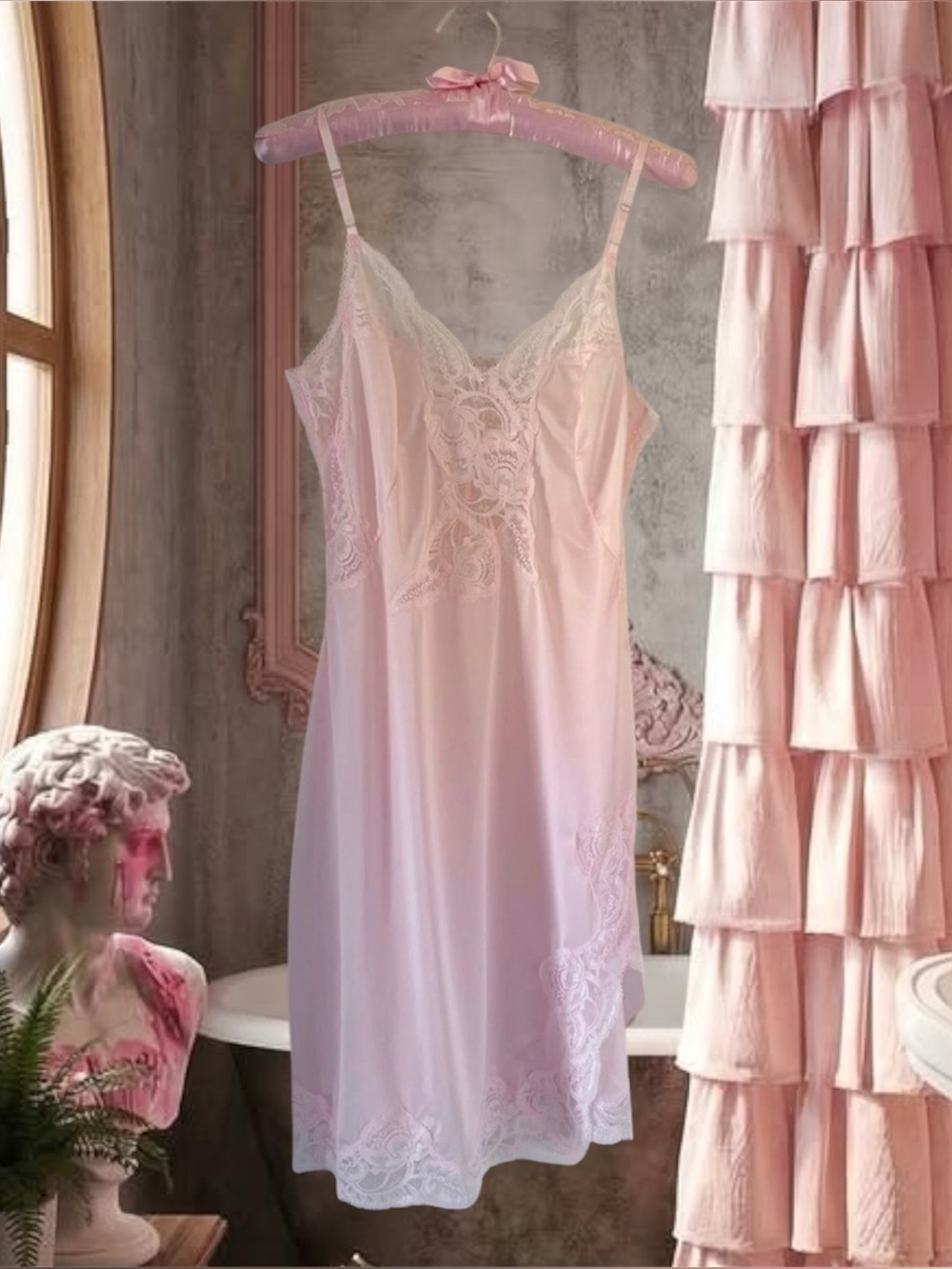 NWOT Vivian Pink Nylon Lace Chemise Slip Coquette Lingerie Size M